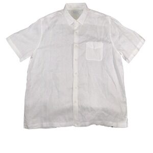 Caribbean Shirt Mens XL White 100% Linen Short Sleeve Button Front Casual